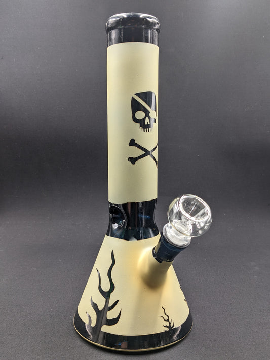 12" Glass Water Pipe Bong Wide Bottom Skull GY + 5 FREE Screens