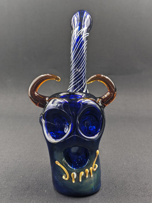 7" Glass Bubbler Horned Skull Blue