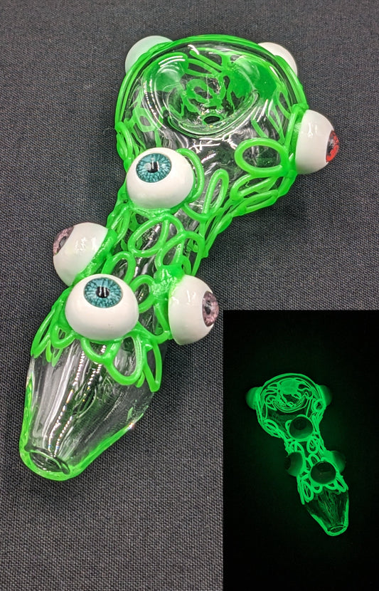 4" Crazy Eyes Glow In The Dark Glass Spoon Green