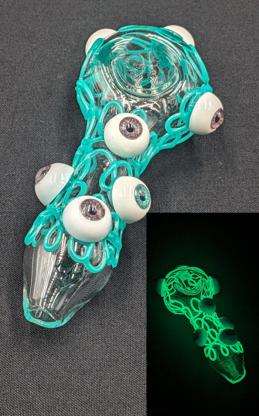 4" Crazy Eyes Glow In The Dark Glass Spoon Blue