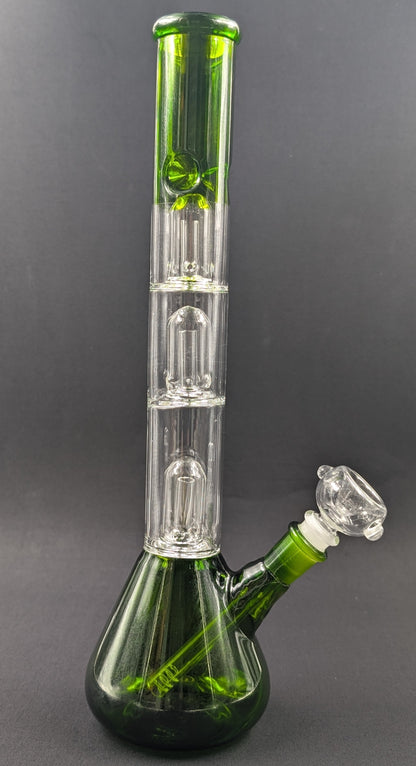 14" Glass Water Pipe Bong Green Triple Perc + 5 FREE Screens
