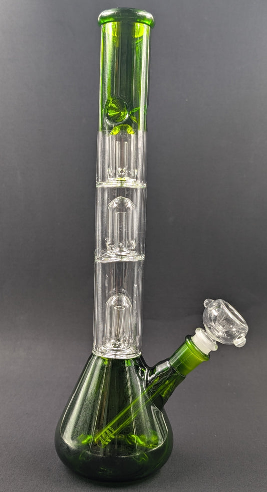 14" Glass Water Pipe Bong Green Triple Perc + 5 FREE Screens