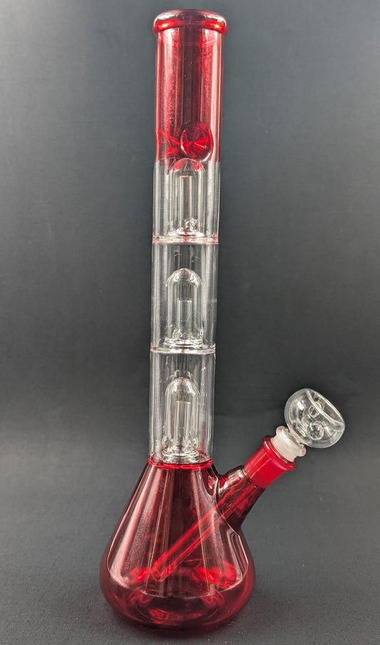 14" Glass Water Pipe Bong Red Triple Perc + 5 FREE Screens