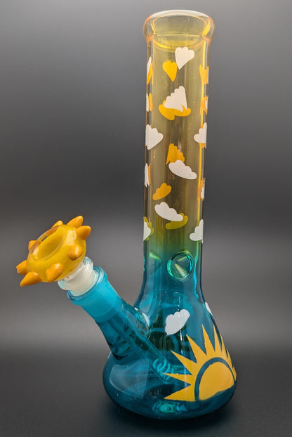 10" Glass Water Pipe Bong Sky and Sun w/ 6 Cut Downstem SK