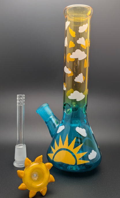 10" Glass Water Pipe Bong Sky and Sun w/ 6 Cut Downstem SK