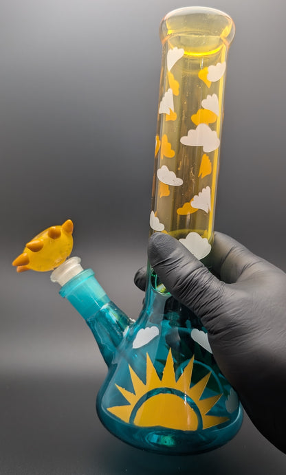 10" Glass Water Pipe Bong Sky and Sun w/ 6 Cut Downstem SK